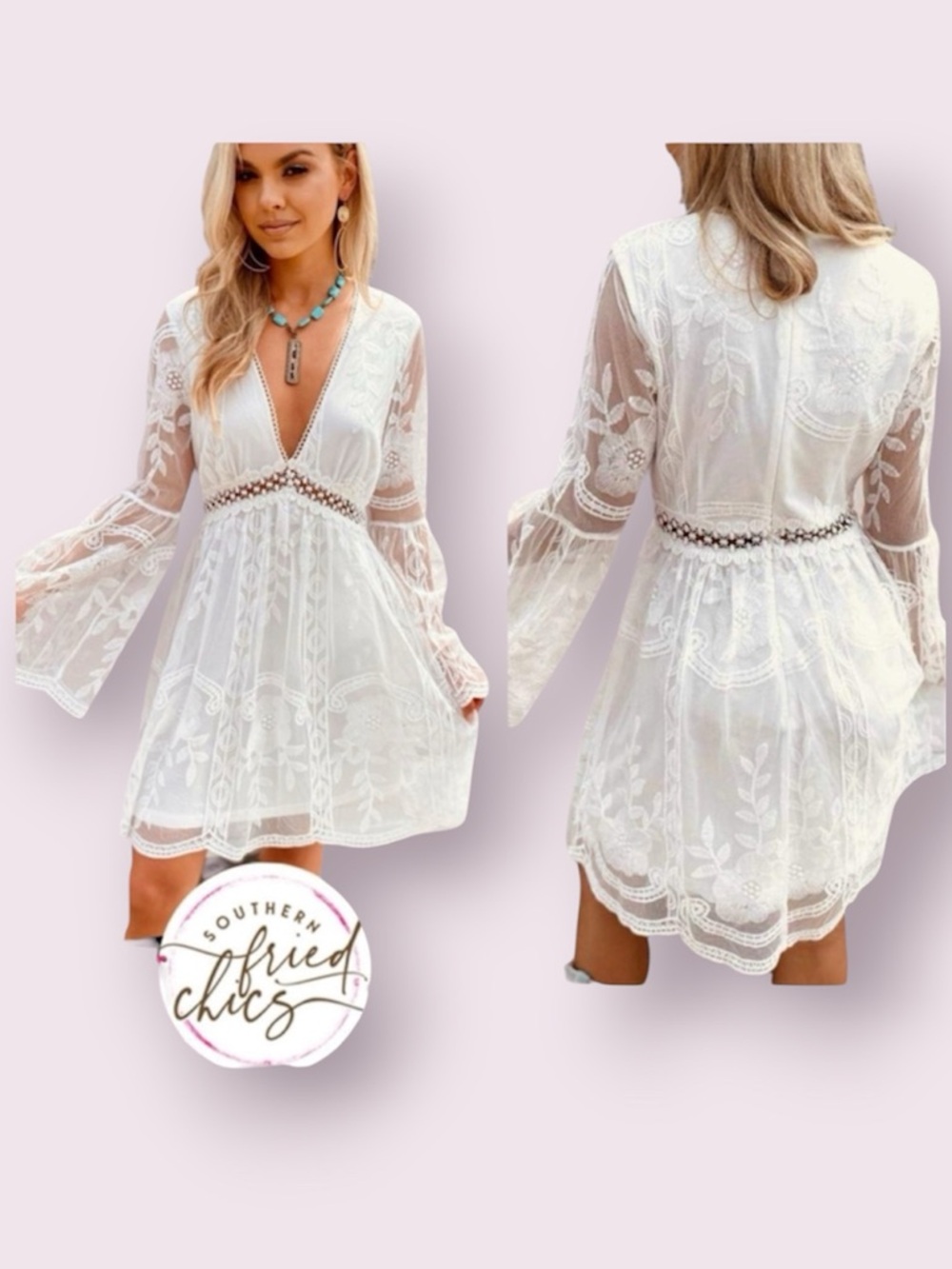 Southern Fried Chics White Lace Embroidered Mini Dress Bell Sleeve Size Large